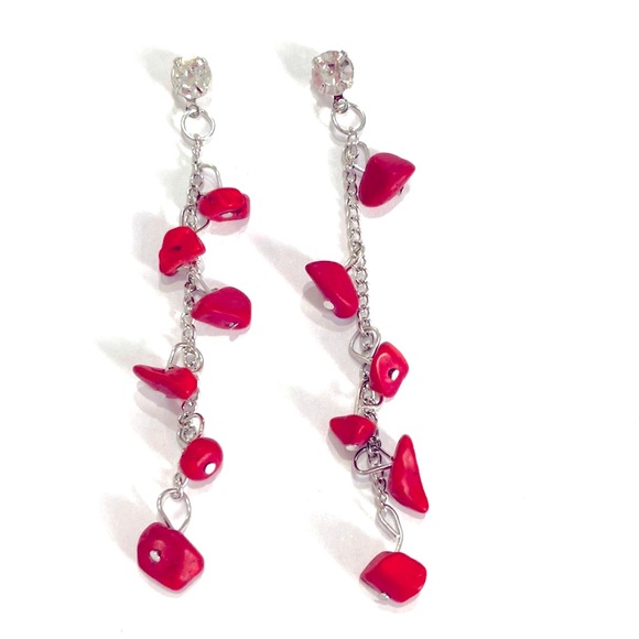 Drop Earrings Red Semi Precious Stones Silver Tone Rhinestone - Picture 2 of 4